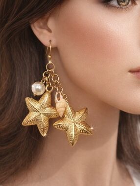 Gold Textured Starfish, Shell, Beaded Dangle Earrings 2.25" Fashion Jewelry
